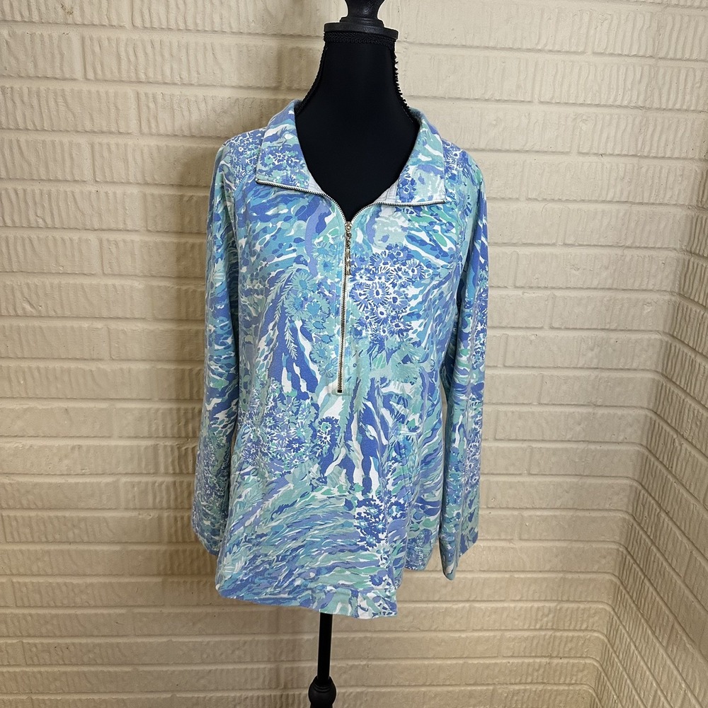 Lilly Pulitzer Skipper Popover Top Sz XL Floral 1/2 Zip Preppy Country Club Blue